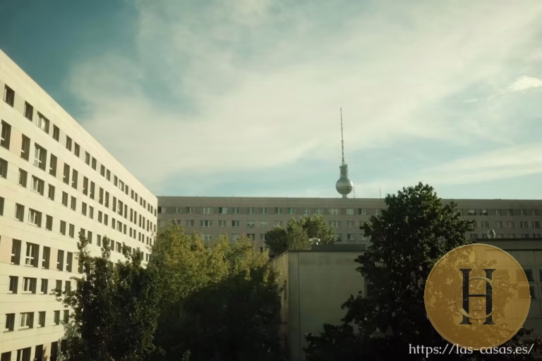 Edificios modernos en Berlín con la Torre de la Televisión al fondo y un logotipo dorado con la letra H
