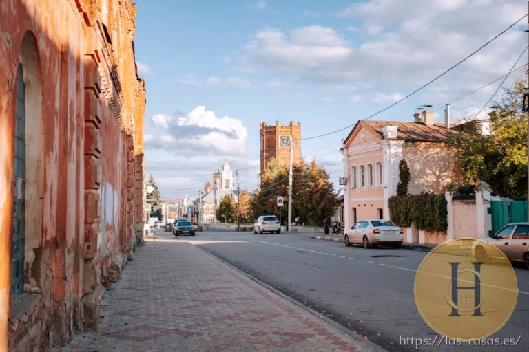 Calle estrecha con edificios antiguos de ladrillo y fachadas desgastadas, coches aparcados y una torre reloj al fondo bajo