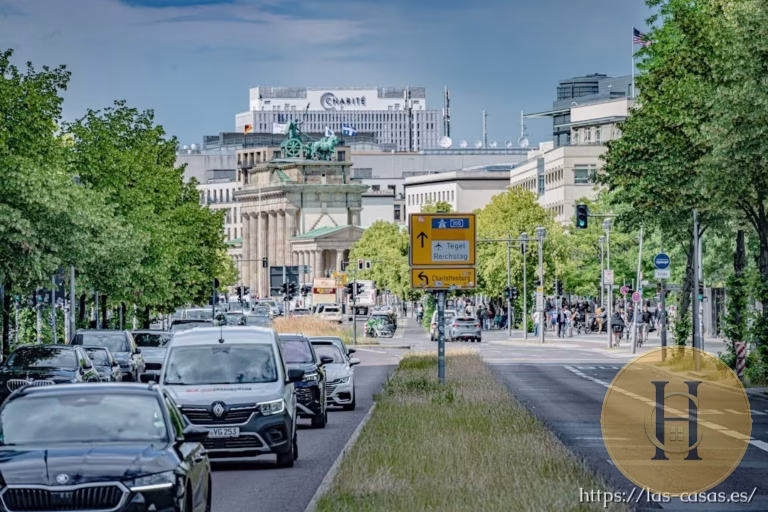 Calle urbana con tráfico y el Puerta de Brandeburgo al fondo, señalización hacia Tegel y Reichstag, logo H en círculo dorado