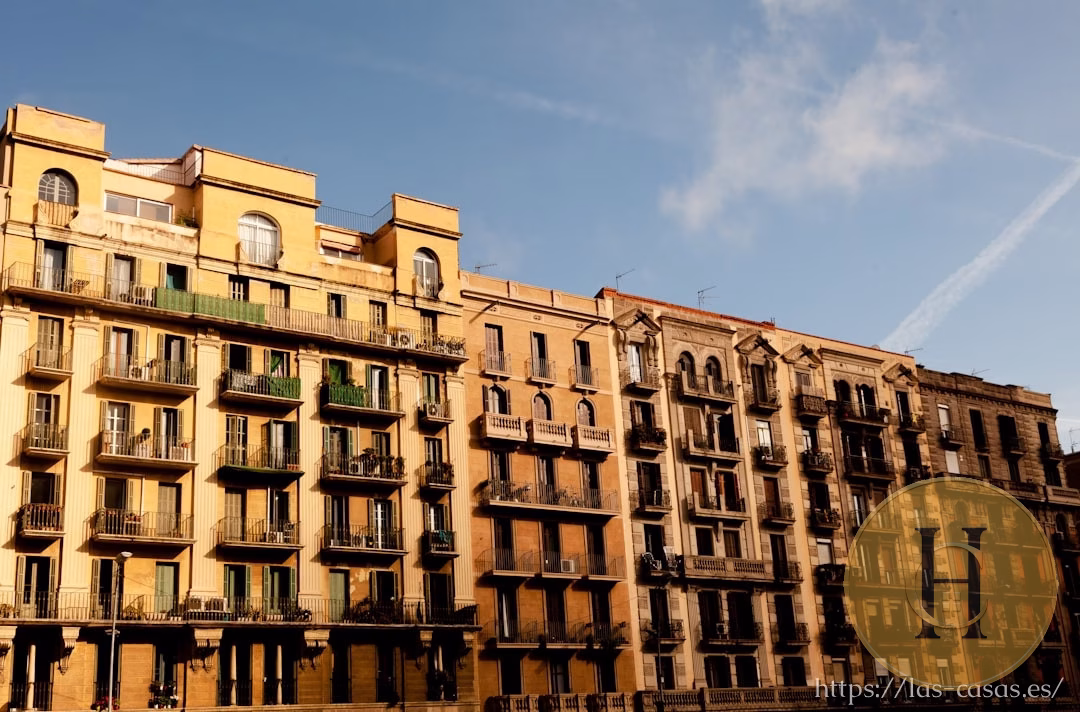 Fachada de edificios residenciales en una calle urbana bajo cielo azul con nubes dispersas y un logo circular superpuesto