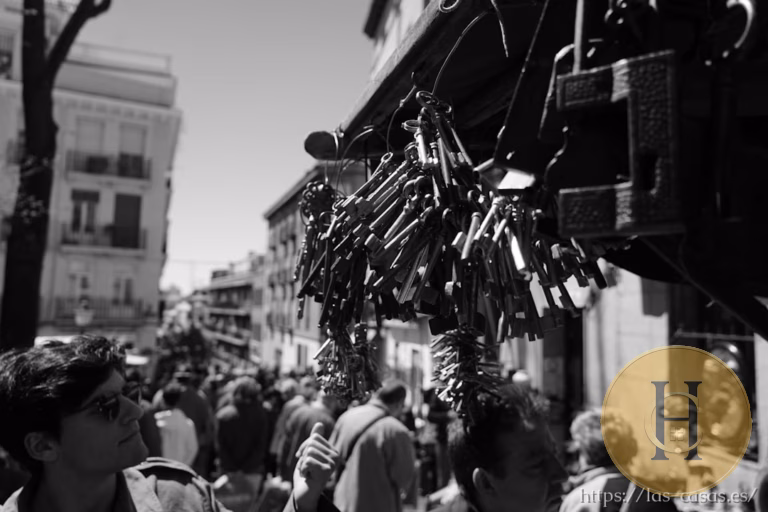 Llaves colgadas en un puesto callejero, con personas transitando y edificios de fondo en blanco y negro