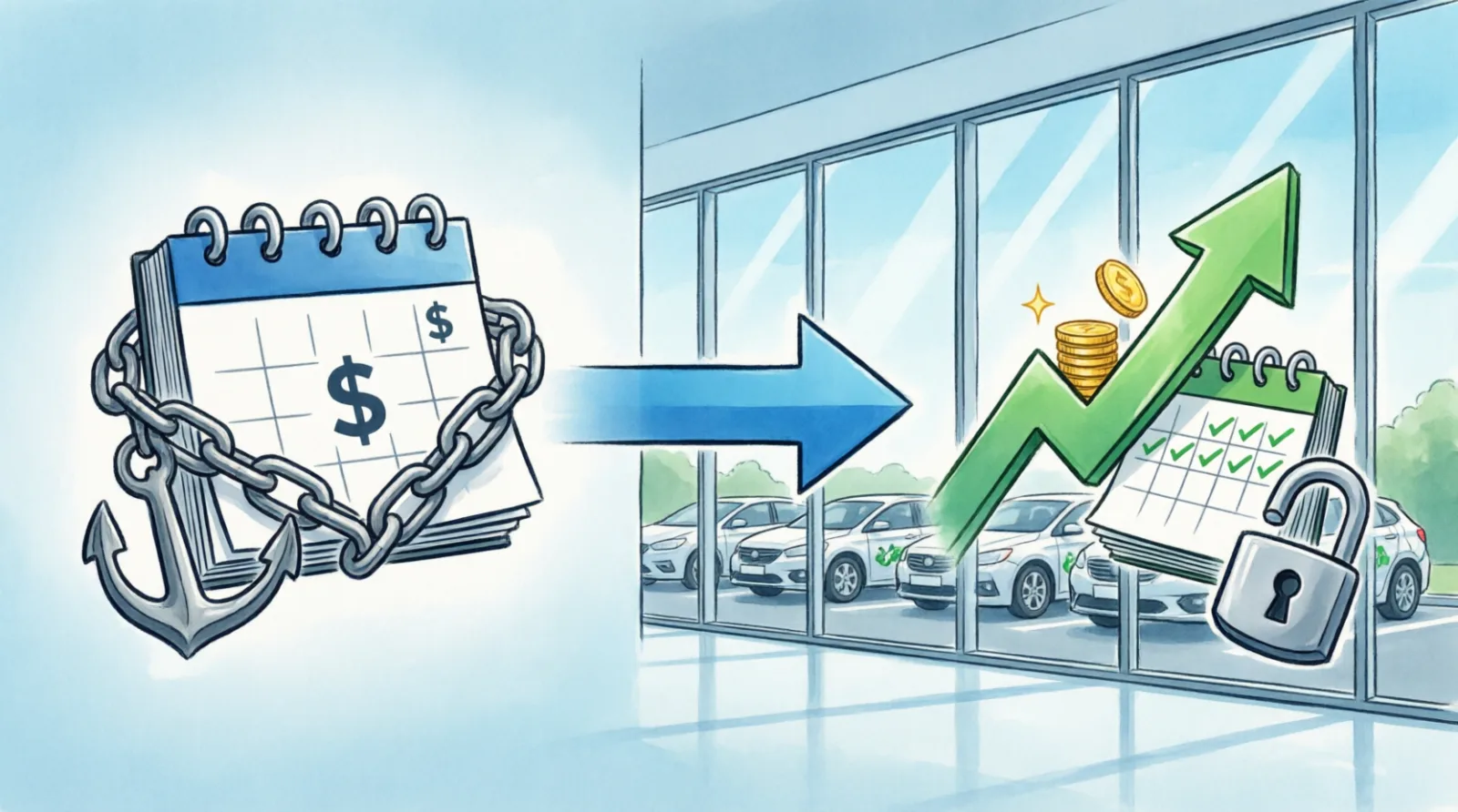 Calendario con cadenas y ancla (coste fijo) → flecha → flota de coches, gráfico ascendente, monedas y calendario con