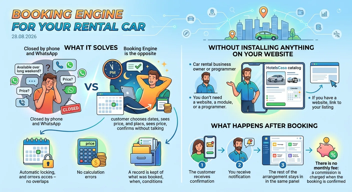 Ilustración comparativa de un booking engine para alquiler de coches vs. gestión manual, con flujos y beneficios visuales.