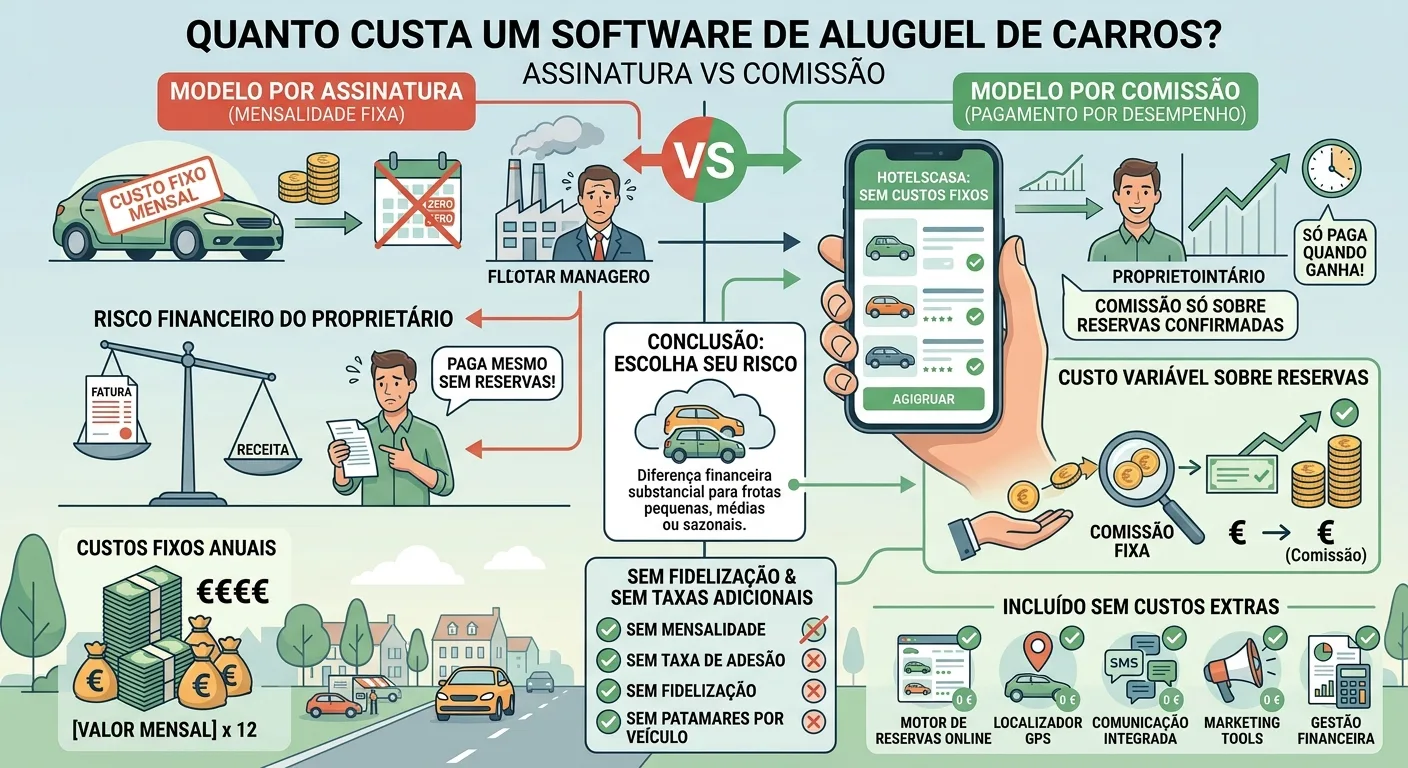 Infografía comparativa entre modelo de suscripción fija y comisión por reserva para software de alquiler de coches.