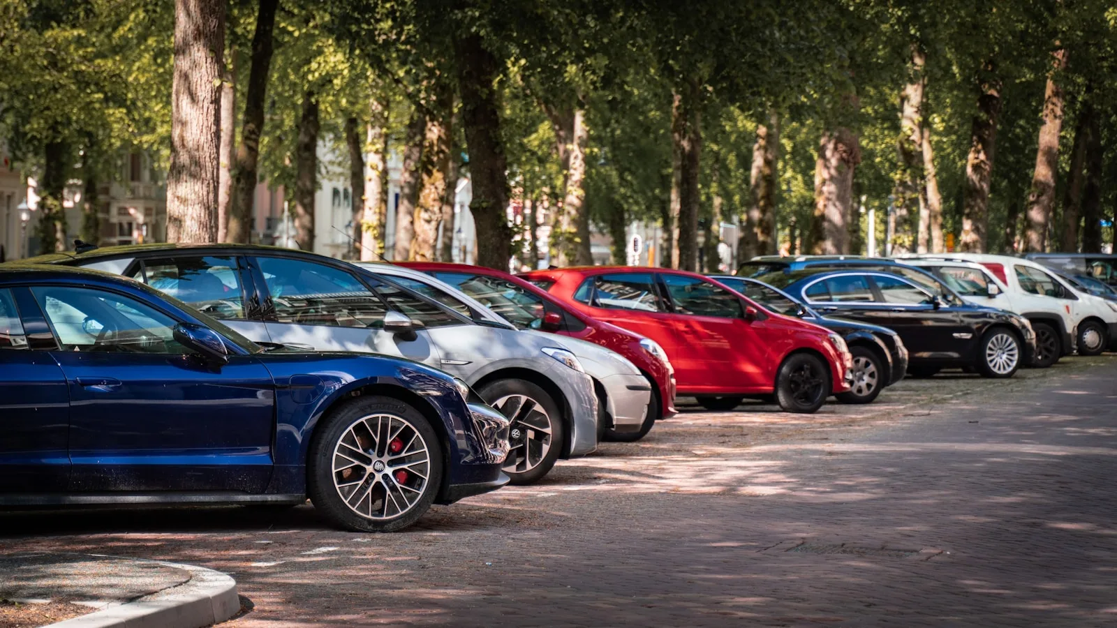 Fila de coches de distintos colores aparcados en una calle arbolada bajo luz solar.
