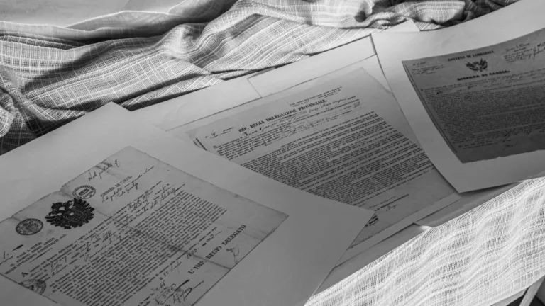 Documentos oficiales antiguos, en blanco y negro, dispersos sobre tela con textura de rejilla.