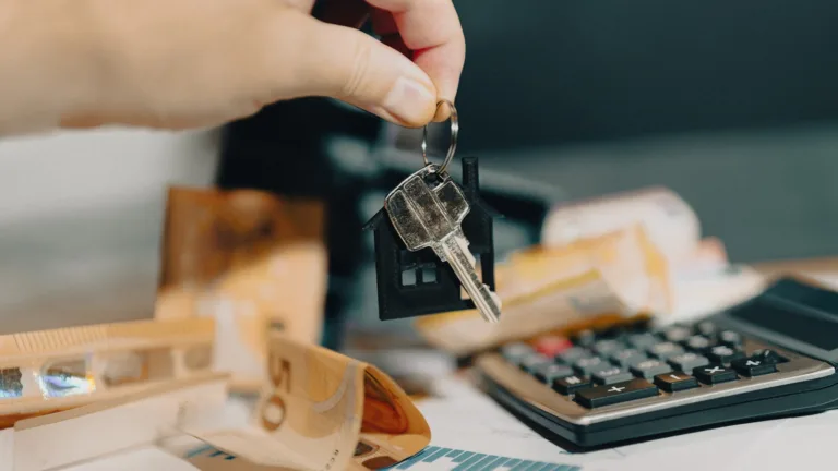 Una mano sostiene una llave con colgante en forma de casa sobre billetes y una calculadora.