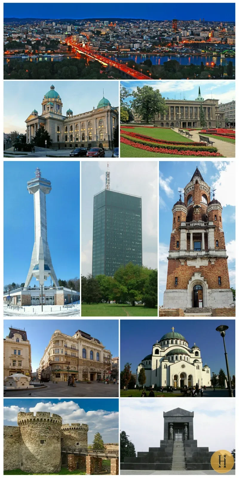 Collage de nueve fotografías de Belgrado que muestran vistas panorámicas, monumentos, edificios históricos y modernos, y