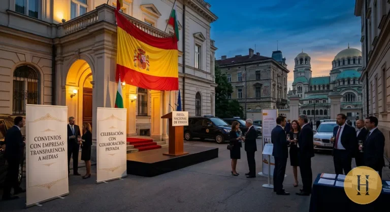 Fachada de la Embajada de España en Sofía durante la celebración de la Fiesta Nacional, con banderas, carteles y asistentes