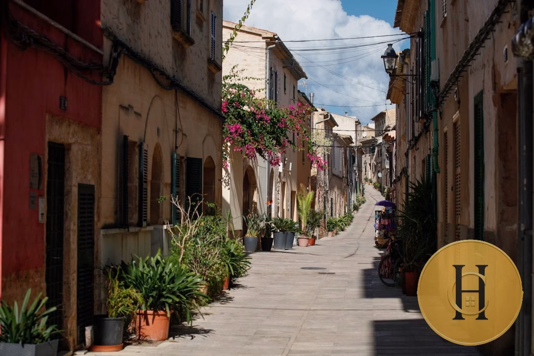 Callejón estrecho y soleado en pueblo mediterráneo con flores, plantas y fachadas coloridas, logo dorado en esquina inferior