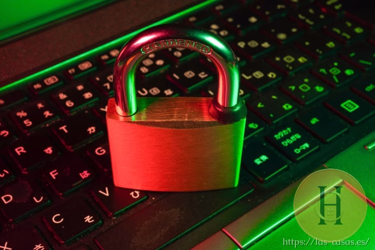 Candado metálico sobre teclado iluminado en verde y rojo, con logo circular en esquina inferior derecha
