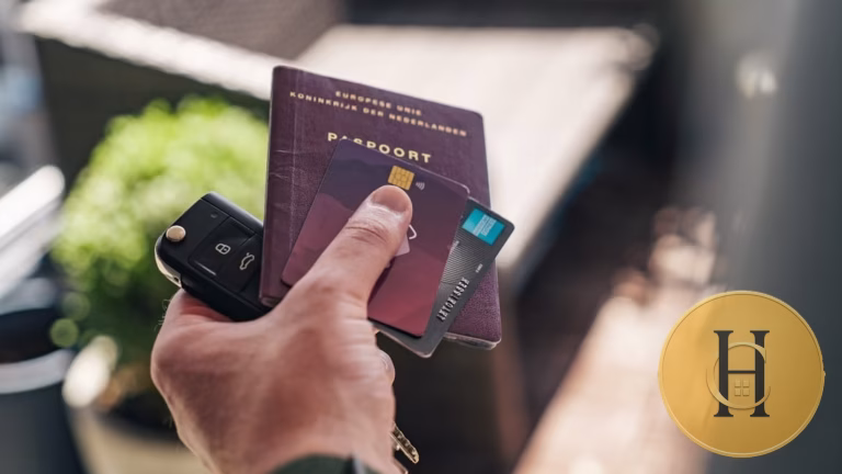 Mano sosteniendo pasaporte neerlandés, tarjetas de crédito y llave de coche, con logo dorado "H" en esquina.