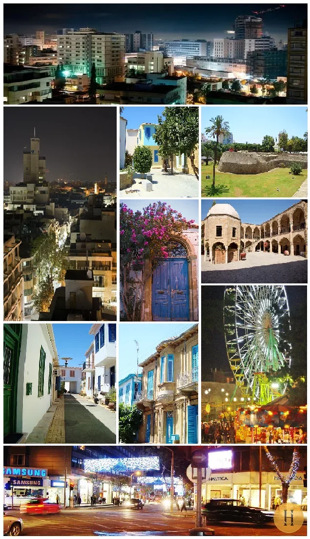 Collage nocturno y diurno de Nicosia con vistas urbanas, calles estrechas, puertas azules, murallas, una noria iluminada y