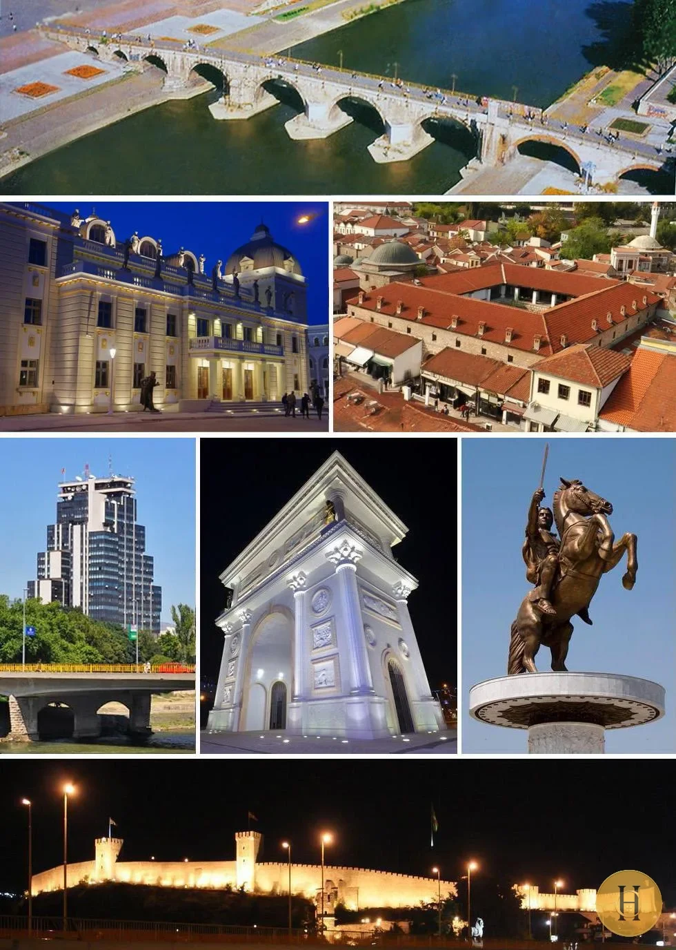 Collage de siete fotografías de Skopie: puente sobre el Vardar, edificios históricos y modernos, estatua ecuestre y muralla