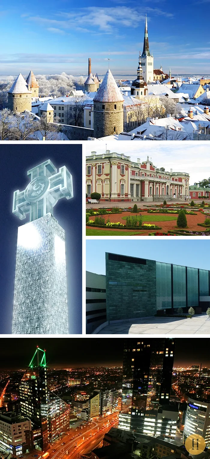 Collage de cinco vistas de Tallin: casco antiguo nevado, monumento iluminado, palacio barroco, edificio moderno y panorama
