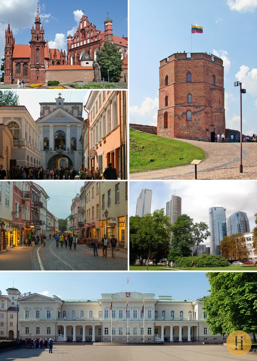 Collage de seis fotografías de Vilna: catedral gótica, torre de Gediminas, callejón histórico, centro moderno y edificio
